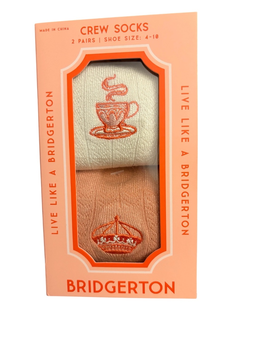 Bridgerton Crew Socks - Cream & Peach Embroidered Set